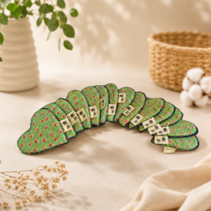 Lot de lingettes lavables fleuries vertes en coton et minky disposées en éventail sur un fond beige naturel et lumineux.
