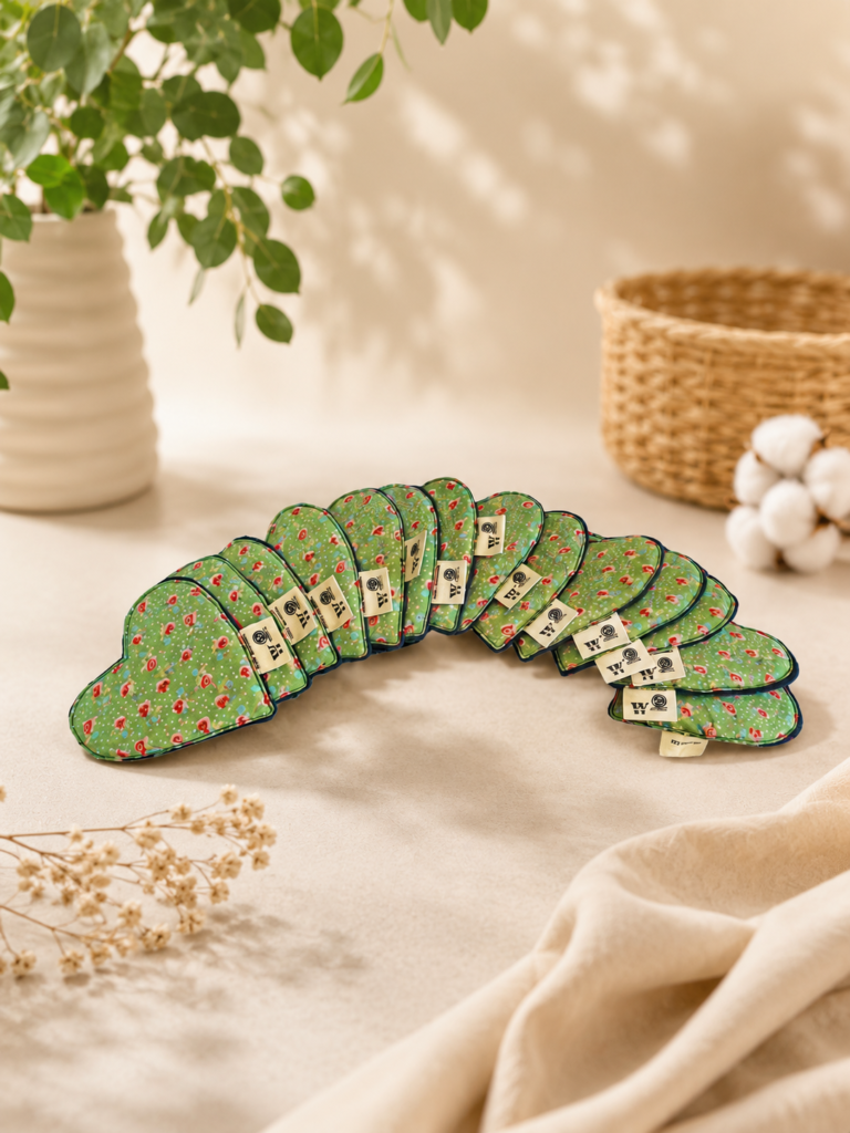 Lot de lingettes lavables fleuries vertes en coton et minky disposées en éventail sur un fond beige naturel et lumineux.