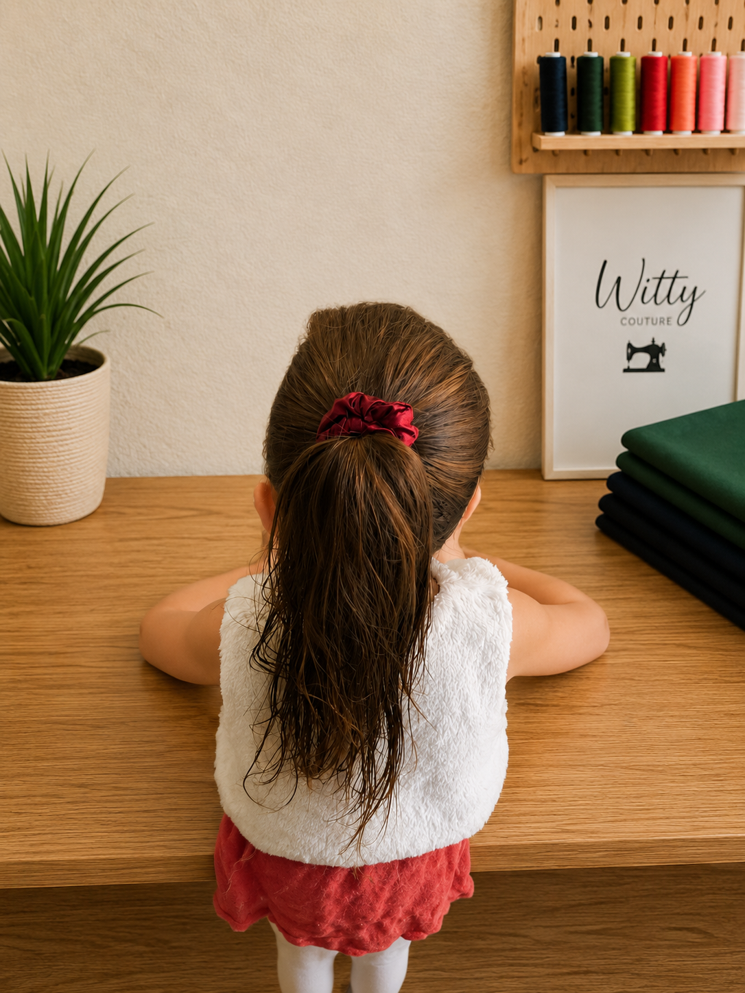 Chouchou en satin bordeaux pour enfant fait main Witty Couture, accessoire cheveux artisanal élégant.