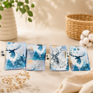 Lot de lingettes lavables rectangulaires artisanales avec motif cerf bleu et imprimé hivernal sur fond clair.